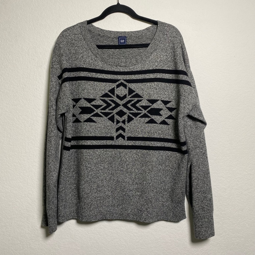 GAP Women Gray Aztec Pattern Crew Neck‎ Long Sleeve Sweater Size XL Lodge Cabin